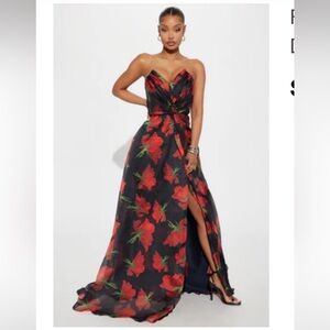 Fashion Nova Strapless Red Floral Dress